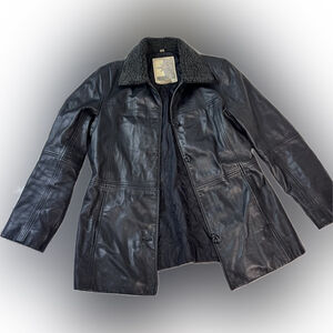 Vintage 90s Middlebrook Park Black Leather Jacket Faux Shearling Collar – Size M